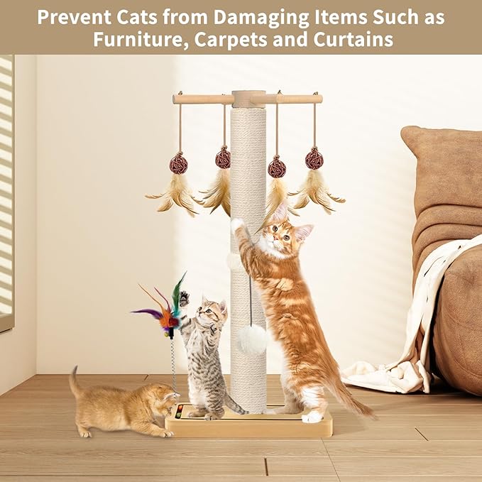 Cat Scratching Post, Sisal Scratching Posts for Indoor Cats Adults with Hanging Ball and Interactive Toys, 2 Mounting Methods Cat Scratcher for Kitten Cats, 25 inches