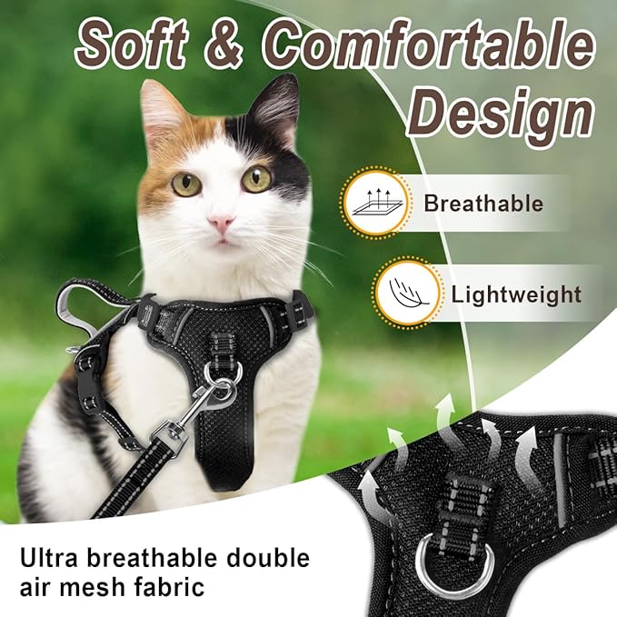 Cat Harness and Leash Set for Walking Escape Proof for Small Large cat Kitten Harness with ID tag Pocket (Black,XS)