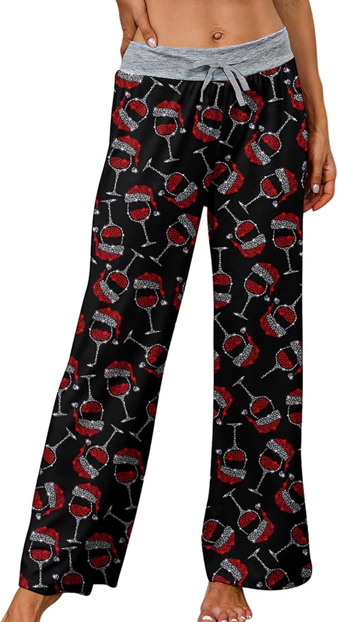 ALISISTER Christmas Womens Pajama Pants Casual Comfy Sleepwear Wide Leg Drawstring Bottoms
