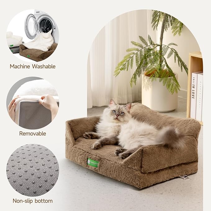 MEWOOFUN Cat Couch Bed for Indoor Cats, Fluffy Cat Sofa for Small Pets with Removable Washable Cover, Cute Cat Bed with Non-Slip Bottom, Cat Beds & Furniture for Small Pets(Brown,S)