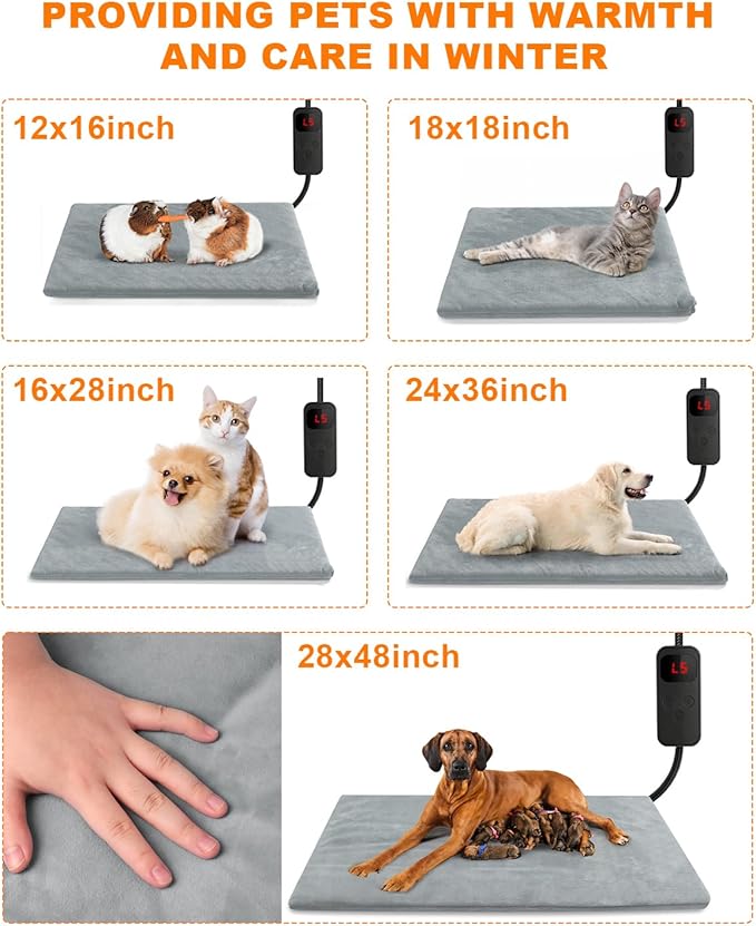 Outdoor Pet Heating Pad for Cat & Dog, Indoor Warming Heated Mat Pad, Adjustable Waterproof Heated Dog Cat Bed with 6 Temperature & 5 Timers Set Auto Off, Pet Heater Warmer Blanket