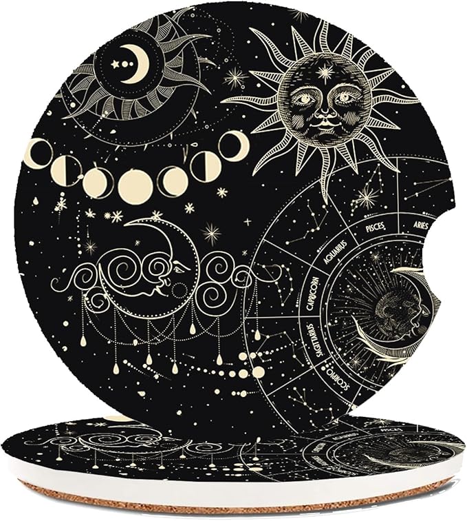 Absorbent Car Coasters 2 Pack for Cup Holders, 2.56" Ceramic Stone & Non-Scratch Cork Base Drink Coasters(Moon and Sun)