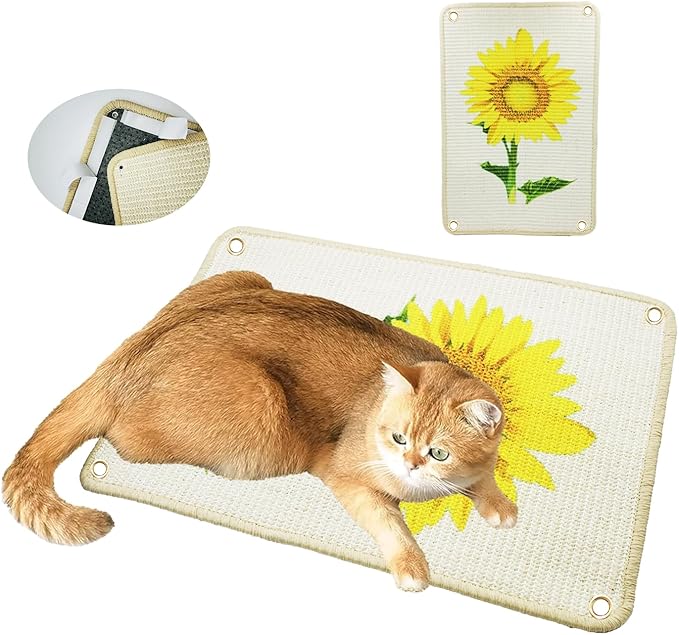 Cat Scratcher Mat, 23.6 X 15.7 Inch Natural Sisal Cat Scratch Mats Sunflower Pattern Cat Scratching Rug Wall Scratchers for Indoor Cats with Adhesive Hook Protect Carpets and Sofas（2Packs）