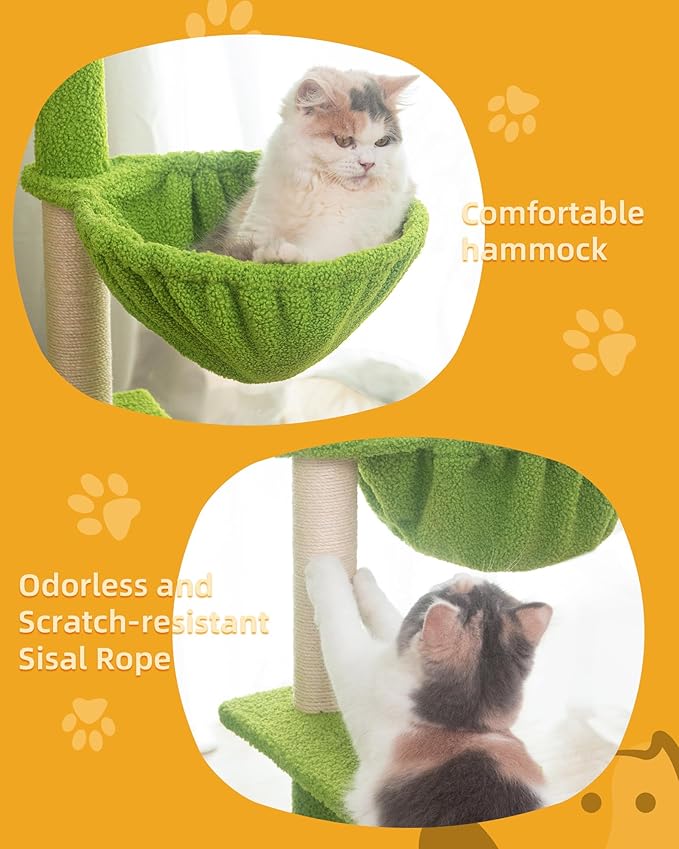 Cat Tree for Indoor Cats with Green Leaves, 40'' Cat Tower with Scratching Post, Cozy Cat Condo and Hammock, Cat Tree Tower with Hanging Ball and Bell for Kittens