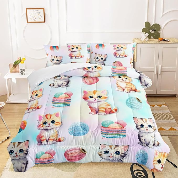 AILONEN Cute Cat Kitten Comforter Set Full Size, Kids Girls Soft Microfiber Bedding Set for Bedroom,Colorful Watercolor Cat Comforter with 2 Pillowcases,3-Piece