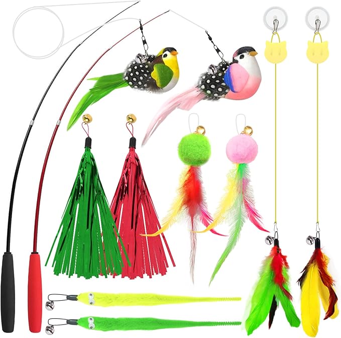 14pcs Cat Wand Toy Cute Bird Feather Cat Toys for Indoor Cats Worm Kitten Toys for Cat Colorful Self Play Hanging Cat Toys for Bored Indoor Adult Cats Interactive Cat Toy for Kitten