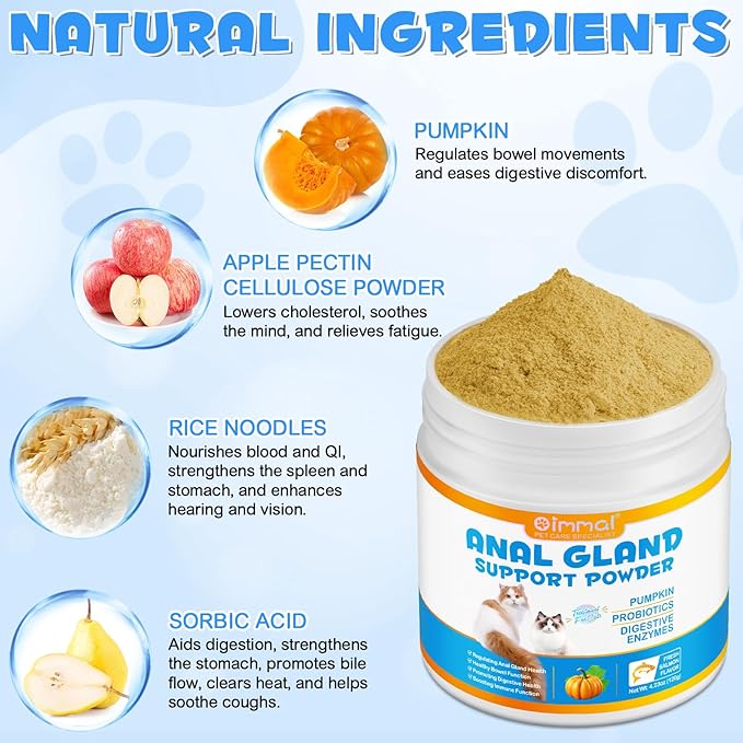 Anal Gland Support Powder for Cats, Anal Gland Supplement Powder with Pumpkin and Probiotics Supports Cats Anal Gland Health, Pet Supplement Anal Gland Support Powder Treatment for Cats - 120g