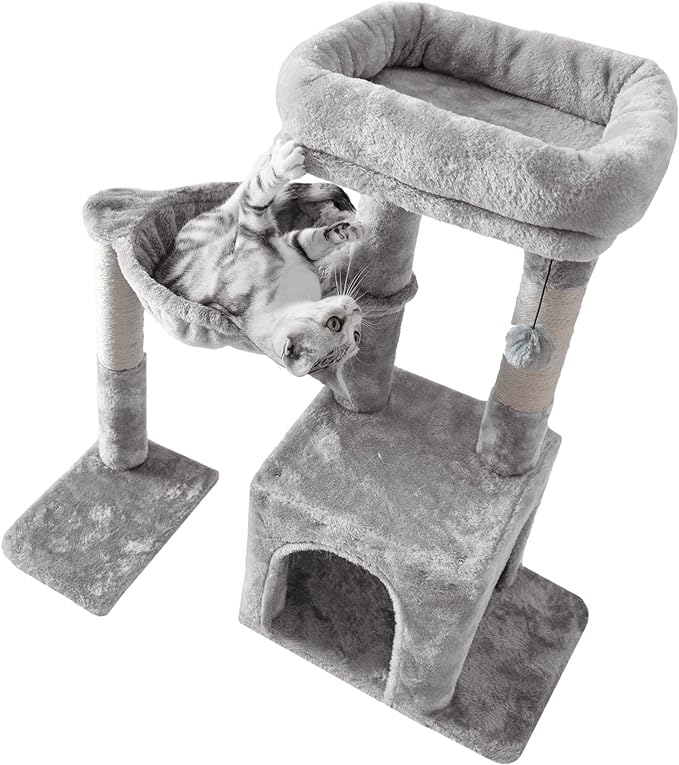 Pesofer Cat Tree, Small Cat Tower with Sisal Scratching Post and Hammock Light Gray