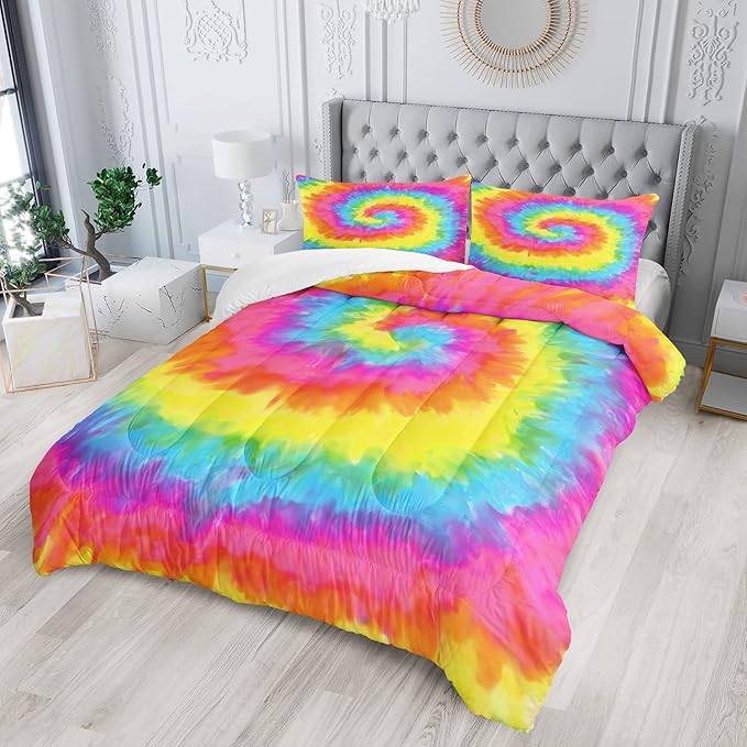 AILONEN Tie Dye Comforter Set for Teens Young Girls, Colorful Marble Bedding Set Full Size,Boho Psychedelic Color Duvet for Kids,Tie Dye Quilt,Microfiber,1 Comforter 2 Pillowcases 3 Piece