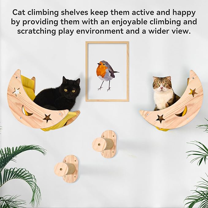 Wall Cat Bed Moon, Cat Hammock Wall Mounted Shelf with 2 Steps Cat Climbing Shelf and Sisal Cat Rope Scratching Post Cat Wall Furniture Cat Bridge Ladder Wooden Indoor Cat Wall Bed-Moon Set