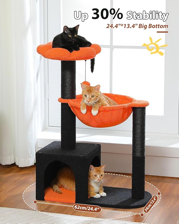 Halloween Cat Tree with Yellow Flower Perch - Black Scratching Posts, 35" Coffin Cat Tower with Large Hammock Cat Condo for Small Indoor Cats, Yellow Pumpkin Cat Bed for Kittens,Orange
