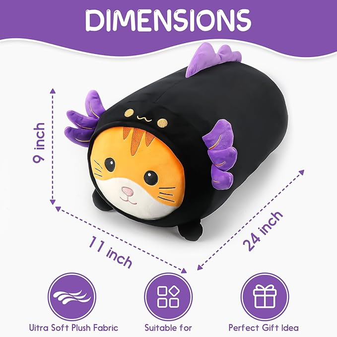 24'' Cute Black Axolotl Cat Plush Toy, Kawaii Plushies Big Axolotl Stuffed Animal, Soft Squishy Axolotl Kitten Plushies Gift for Kids Boys Girls, Birthday
