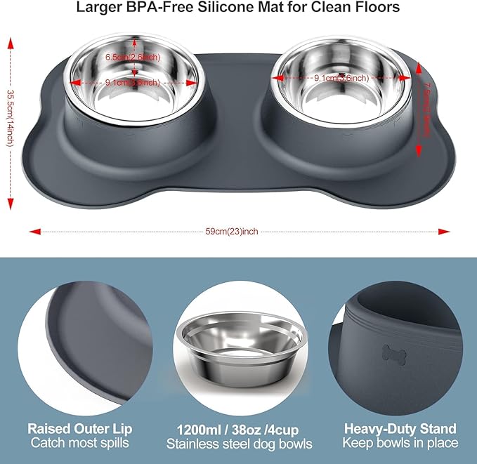 AsFrost Dog Food Bowls Stainless Steel Dog Food & Water Bowl Set with No Spill Non-Skid Silicone Mat, Dog Dishes Pet Feeding Bowls for Small Medium Large Sized Dogs Cat Puppy Food Bowl, Grey, 4 Cup
