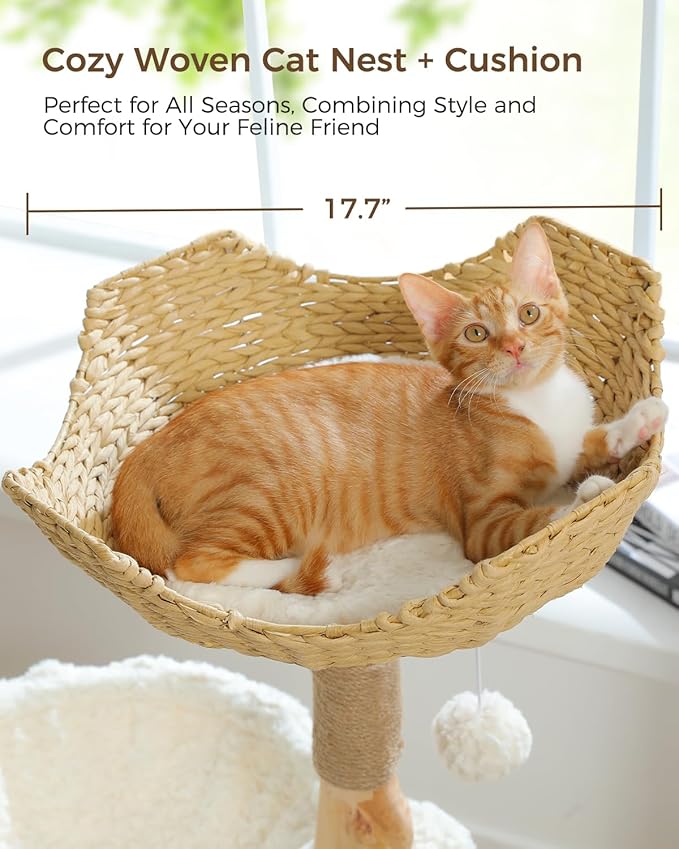 Modern Cat Tree for Large Cats, Wood Cat Tower for Indoor Cats, Real Branch Luxury Cat Furniture with Super Large Cozy Condo and Hammock & Scratching Post, Top Basket, White