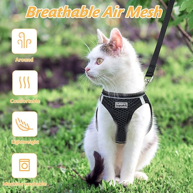 Cat Harness and Leash Set for Walking Escape Proof,Adjustable Soft Kittens Vest with Reflective Strip for Small Cats,Easy to Control