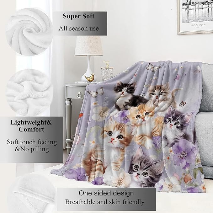 Adorable Kitten Blanket Cute Cat and Butterfly on Lavender Throw Blankets Gifts for Girls Women Adults Lightweight Soft Fleece Cozy for Sofa Couch Bed Room Travel Birthday Decor 40x50in