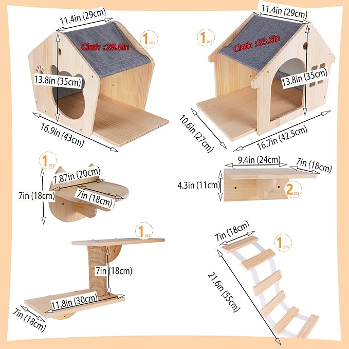 Cat Wall Furniture Cat Wall Shelves, Large Cat Climbing Shelves Set of 7 Wall Mounted Cat Furniture, with Cat Apartment, Cat Scratching Post, Perches Platform, for Cat Climbing & Resting