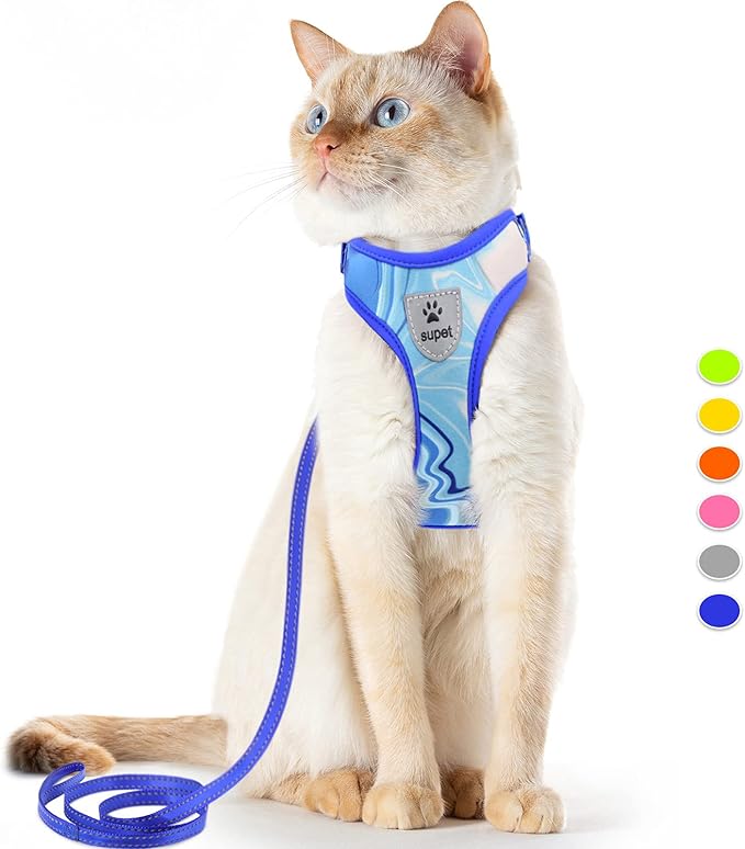 Supet Cat Harness and Leash Set Stylish Escape Proof Cat Vest Harness Adjustable Breathable Pet Harness with Reflective Trim Step-in Cat Leash and Harness for Cats Puppies M（Chest:11.0-18.3'' Blue