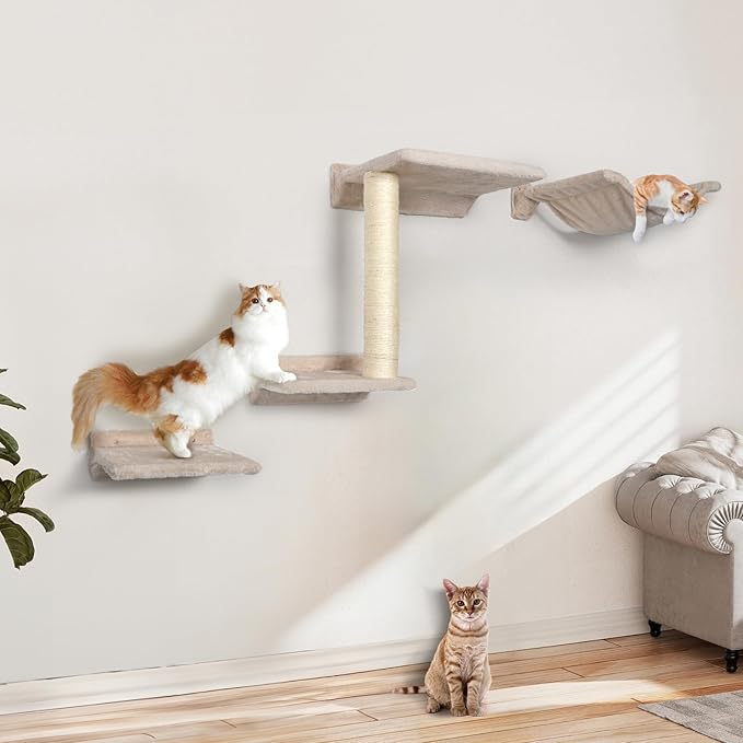 Cat Wall Furniture Shelves - 5 Pcs Wall-Mounted Cat Furniture, Including 2 Cat Steps, 1 Perches, 1 Cat Hammock, 1 Sisal Cat Scratcher Post, DIY Cat Walls Playground for Large Cats