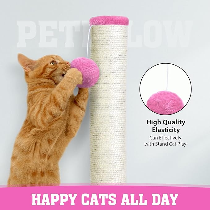 petellow 31'' Tall Cat Scratching Post - Cat Claw Scratcher with Hanging Ball - Scratching Posts for Indoor Large Cats - Durable Stable Cat Furniture with Sisal Rope - Cat Scratch Post - Pink