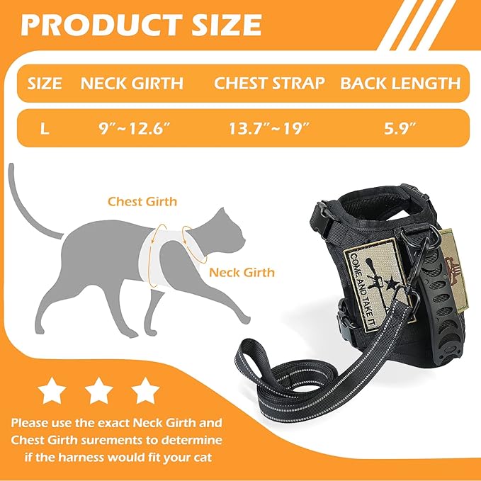 Tactical Cat Harness and Leash Set for Walking Escape Proof, Adjustable Large Cat Vest Harness with Molle Patches, Soft Mesh Padding, Rubber Handle Easy to Control Black