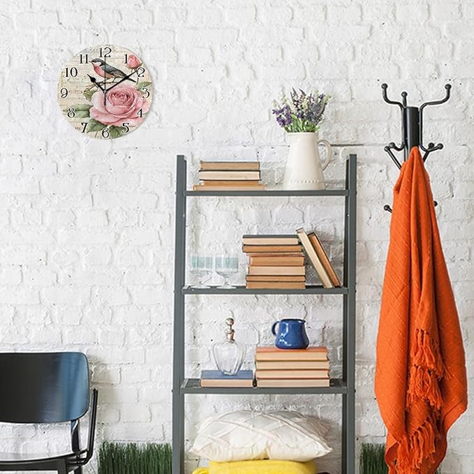 ALAZA Hummingbird Wall Clock Love Birds Clock Roses Flowers Battery Operated KitchenClock 9.5 Inch Bathroom Clock Non Ticking Round Bedroom Living Room Decor