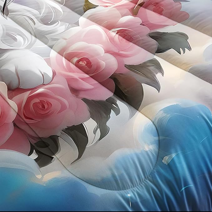 AILONEN Kids Kitten Bedding Set Twin Size,Cute Cartoon Cat Comforter Set for Girls Teens,Fairy Sky Moon Pink Rose Duvet Set 3 Piece,Beautiful Kitten Comforter with 2 Pillowcases