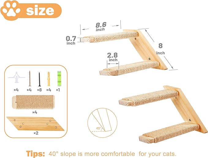 Cat Climbing Stair Shelf Wall Mounted Reversible Left & Right Direction, Cat Stairway Shelf for Climbing with Sisal Rope Ladder Cat Wall Furniture