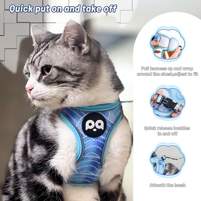 Cat Vest Harness Leash Set: Escape Proof & Reflective Kitten Soft Mesh Vest for Small Medium Large Puppy Pets Walking Hiking and Traveling(Large,Blue)