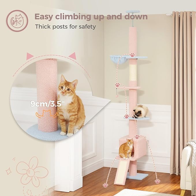 PETEPELA Floor to Ceiling Cat Tree, Cat Tower 5 Tiers Tall (83-108 Inches) Adjustable Height, Cat Climbing Tree Featuring with Cat Condo, Cat Scratching Post and Cat Perches for Indoor Cats, Blue