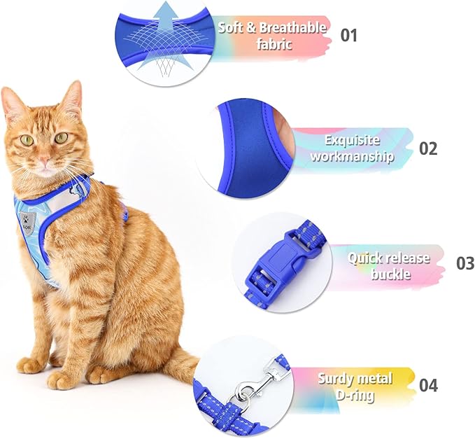 Supet Cat Harness and Leash Escape Proof, Adjustable Breathable Vest with Reflective Trim for Large Small Cats Kittens Puppies