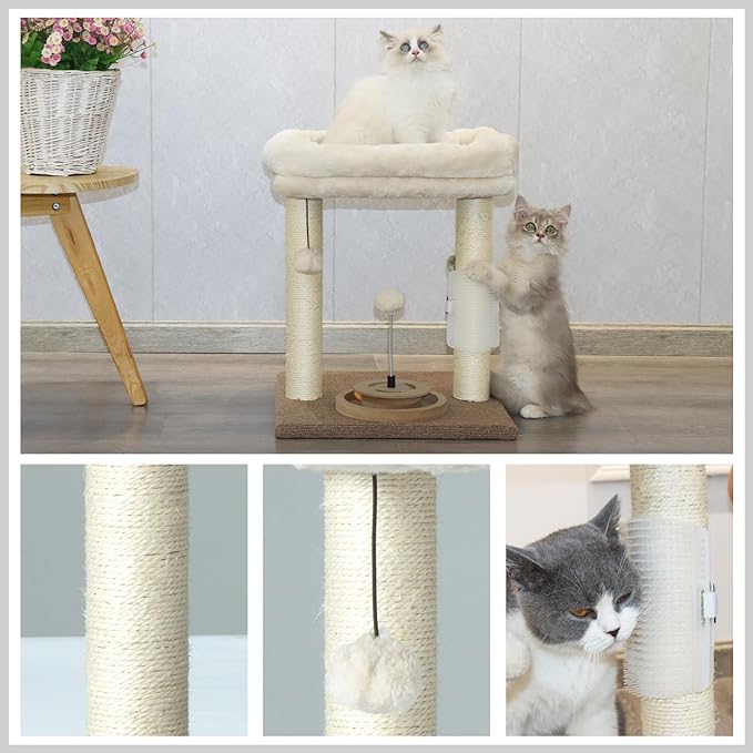PAWSFANS Cat Tree Scratching Post,Small Cat Tower with Perch Bed Scratch for Indoor Cats and Kittens Scratcher.Track Toy Hanging Ball Bursh Beige