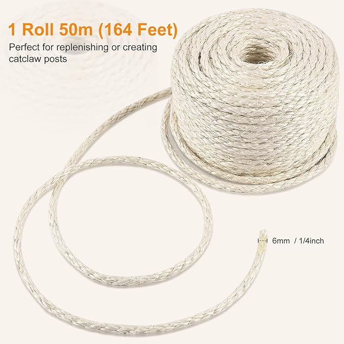 SIsal Rope for Cat Scratcher 1/4" 164 Foot White Natural Sisal Rope for Repairing Cat Scratching Post
