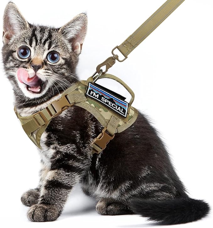 Tactical Cat Harness for Walking, Adjustable Escape Proof Pet Vest for Large Cat,Easy Control Breathable Cat Vest with Handle，Molle Patches (camo Khaki, L)