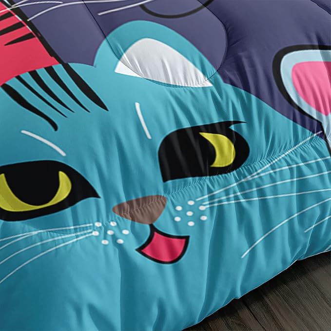 Axolotl Kids Cat Bedding Set, Twin Size, 3 Pcs (1 Comforter + 2 Pillow Cases), Multicolor, Cat Pattern