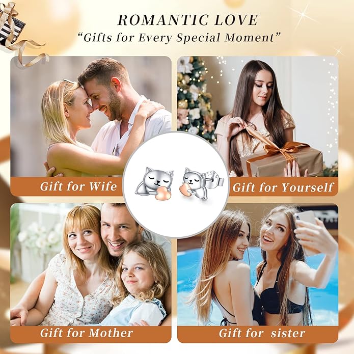 925 Sterling Silver Cat Earrings Cute Animal Kitten Stud Earrings cat Jewelry Gifts for Women Girls Hypoallergenic Earrings for Sensitive Ears