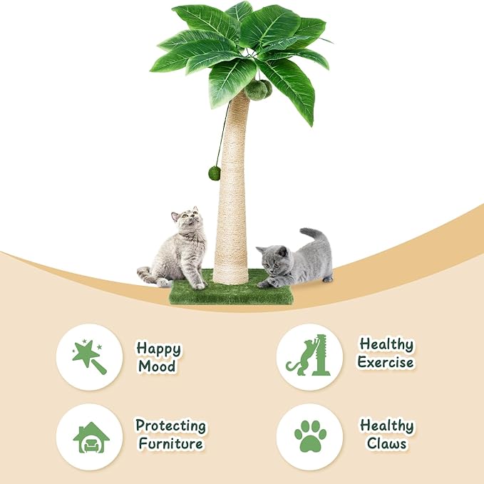 37 Inches Cat Scratching Post, Large Cat Scratching Post, Sisal Scratcher with 3 Hanging Pompoms for Indoor Cats (Short Square Base)