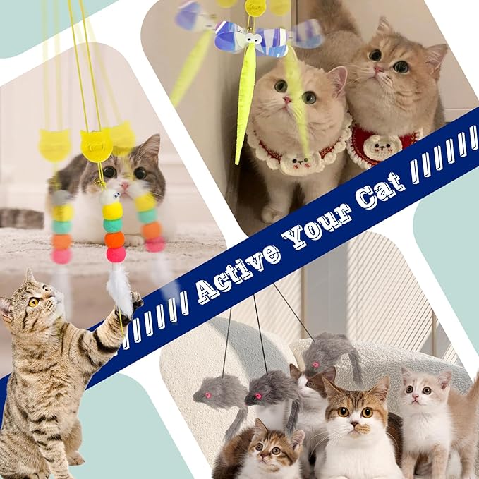 AccEncyc 3 Pack Interactive Cat Feather Toys Doorway Cat Toys for Indoor Cat Interactive Door Hanging Cat Toys Retractable Teaser Toy Over The Door Cat Toys Mouse Hanging String Toys for Cats (Mixed)