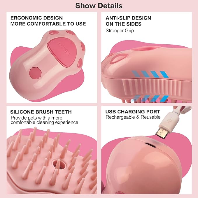 3in1 Cat Steam Brush,Multifunctional Rechargeable Cute Steamy Pet Brush for Short Or Long Hair Cats/Dogs To Massage/Clean/Eliminate Flying&Tangled Hair With USB Cable-Pink Cat Paw