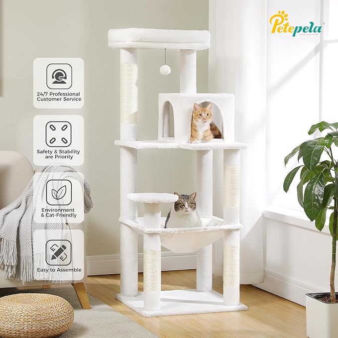 PETEPELA 56.3'' Tall Cat Tree for Indoor Large Cats, Multi-Level Cat Tower with Super Large Hammock (20''X16''), Sisal Covered Scratching Posts, Cozy Condo and Top Perch,White