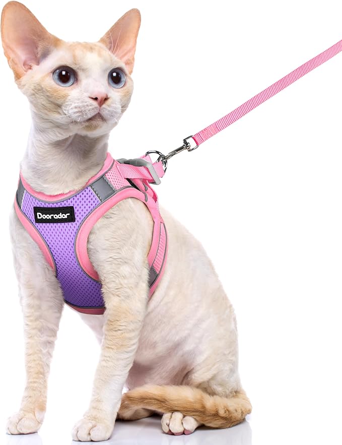 Dooradar Cat Harness and Leash Set, Escape Proof Lightweight Kitten Harness, Soft Breathable Reflective Vest for Outdoor Walking Traveling, Adjustable for Small Cats, Purple & Pink, S