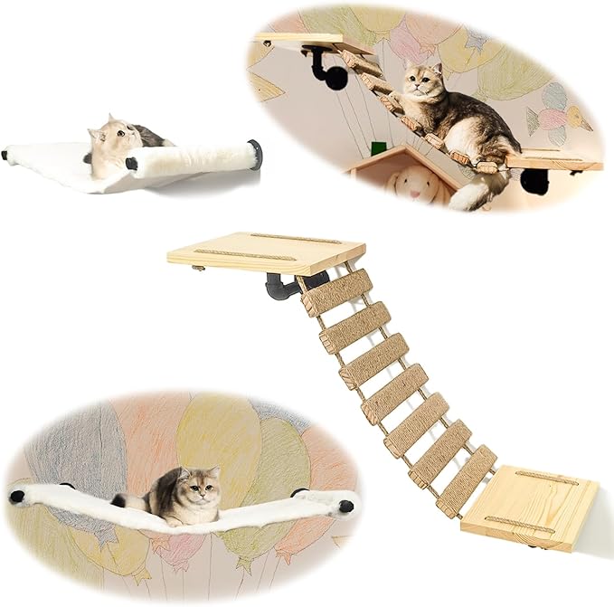 Cat Wall Frame for Climbing. Handcrafted Pine Furniture: Sisal Rope Suspension Bridge, Cat Hammock, Steps and Travel Platform. Suitable for Climb, Perch, Activity. DIY Cat Highway and Cat Wall.