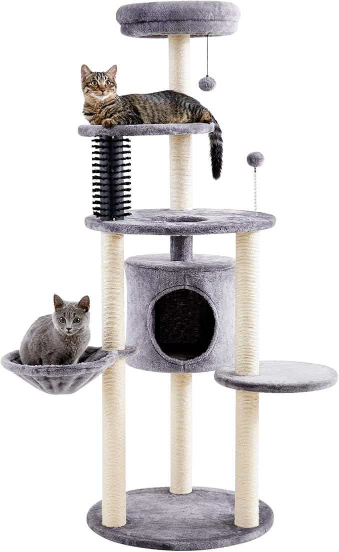 Made4Pets Cat Tree for Indoor Cats, 60.2 inch Large Cat Tower with Soft Hammock, 5-Level Tall Cat Condo, Sisal Scratch Posts, Pompoms, Carpet Covered Cat Climbing Furniture for Small Cats and Kittens