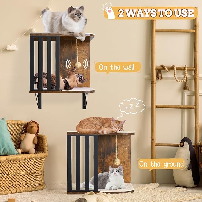 Cat Wall Shelves, 2-Tier Cat Wall Furniture, Small Cat Tree for Indoor Cats, Wood Cat Floating Shelf with Scratching Pad, Sisal Rope Ball, Wall Mounted Cat Tower Cat Perch for Nap, Climb, Play(Brown)
