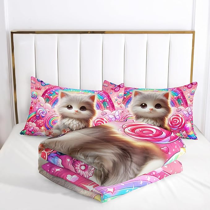 AILONEN Cute Cat Kitten Kids Comforter Set Twin Size,Rainbow Bedding Set,Fairy Butterfly Cartoon Pink Comforter with 2 Pillowcases,Teen Girls Kawaii Comforter Set 3 Pieces
