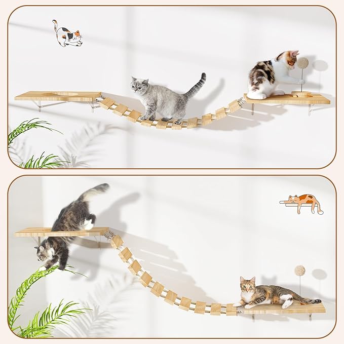Cat Wall Hammock, Wall Mounted Cat Bridge with Track Toy Ball & 3 Hanging Ball, Pet Ladder Wide 10"" Long 29"" for Climb, Perch, Activity, Easy Install Wooden Cat Steps Hammock Tree Shelf