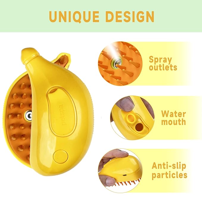 3 in 1 Self-Cleaning Steamer for Cats, Dogs, and Pets - Grooming Brush for Removing Tangled and Loose Fur (Yellow Banana)