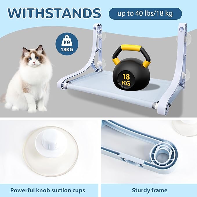 Cat Window Sill Perch - 4 Strong Suction Cups, Cordless Cat Hammock 2 Support Modes, Spacious and Comfortable Cat Gift - for Sunbathing/Napping/Looking Out - Holds Up to 40 Lbs