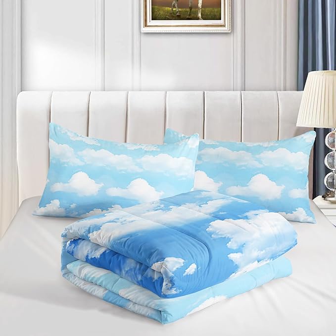 Axolotl Blue Cloud Comforter Set Twin - Sky Blue Bedding Set with Clouds Design - 1 Quilt, 2 Pillowcases