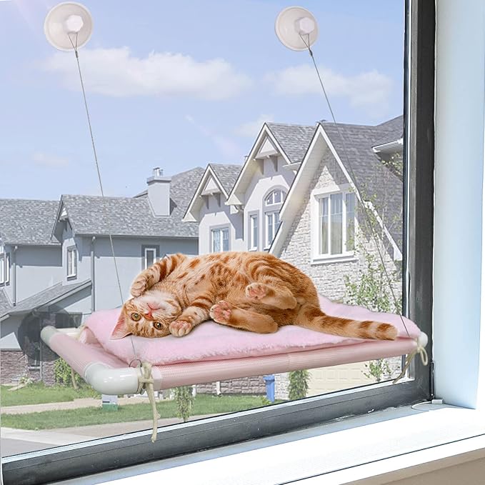 ZALALOVA Cat Window Perch, Pink Cat Hammock Window Seat Free Fleece Blanket for Female Cat 2024 Latest Screw Suction Cups Extra Large Sturdy Cat Bed Cat Resting Indoors (One Extra Suction Cup)